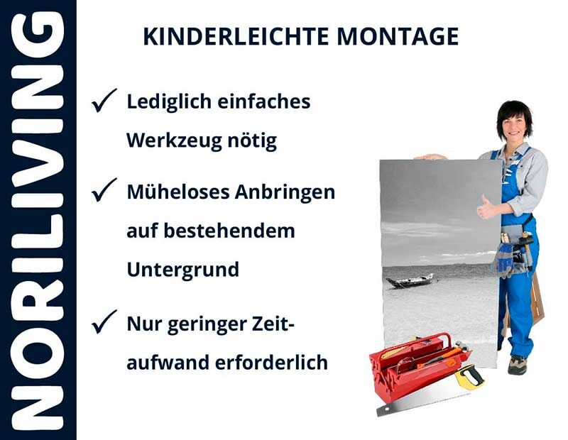 NORILIVING Werbebanner mit einfacher Montageanleitung: Lediglich einfaches Werkzeug nötig, müheloses Anbringen, geringer Zeitaufwand, abgebildet mit Handwerker und Werkzeugen.