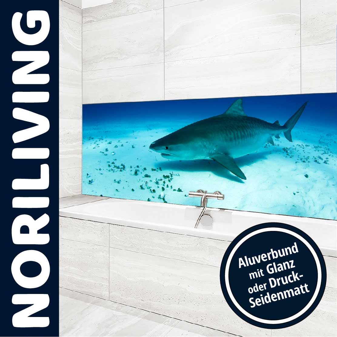 Ansicht des Badrückwand-Motivs Tigerhai unter Wasser 604 Unterkante