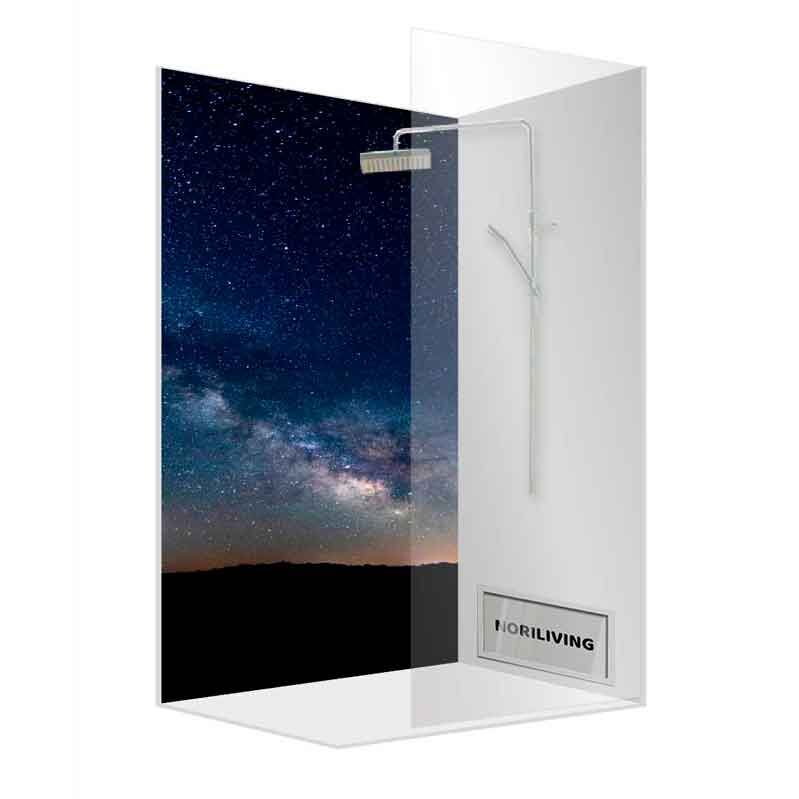 Elegante Duschkabine mit Sternenhimmel-Druck auf der Rückwand und moderner Regendusche