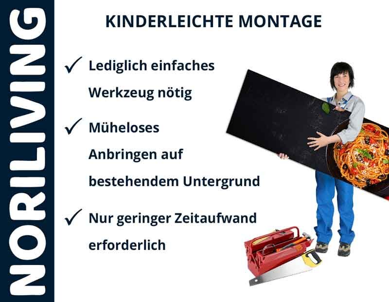 Werbung für Noriliving: Frau hält Wandpanel, einfache Montage mit wenig Werkzeug