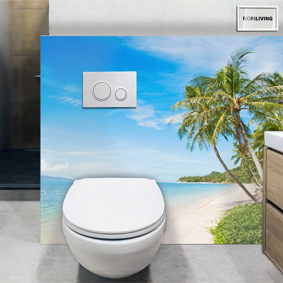 im WC eingebaute Toilettenrückwand mit Motiv Tropischer Strand mit Kokospalme 619