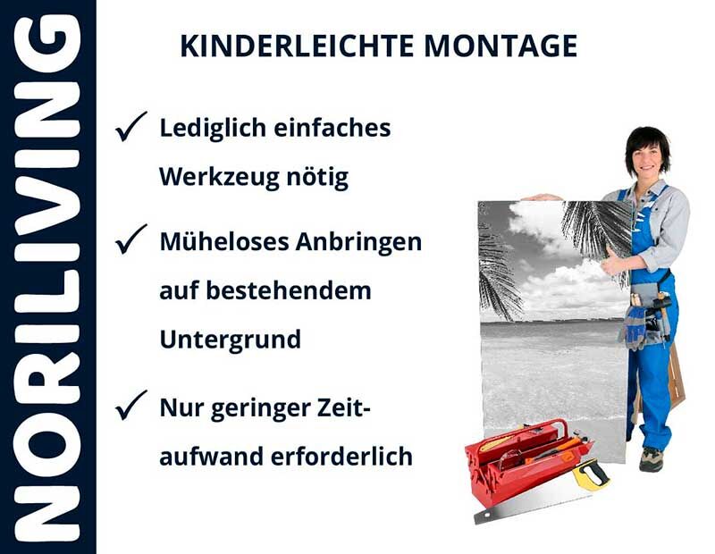 Anzeige von Noriliving zur kinderleichten Montage, zeigt eine Person mit Werkzeug und Checkliste für mühelose Installation.