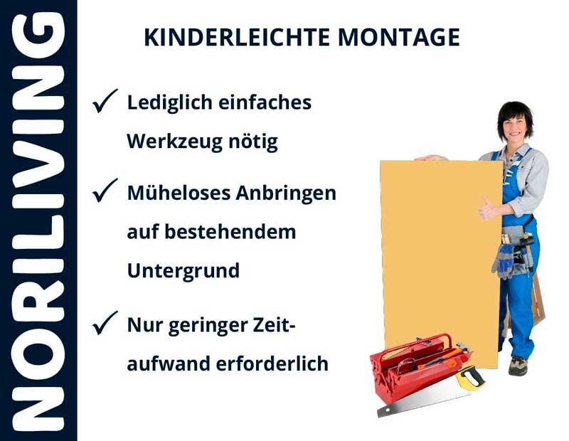 Frau präsentiert NORILIVING-Produkte mit kinderleichter Montage und geringem Zeitaufwand, einfache Werkzeuge nötig.