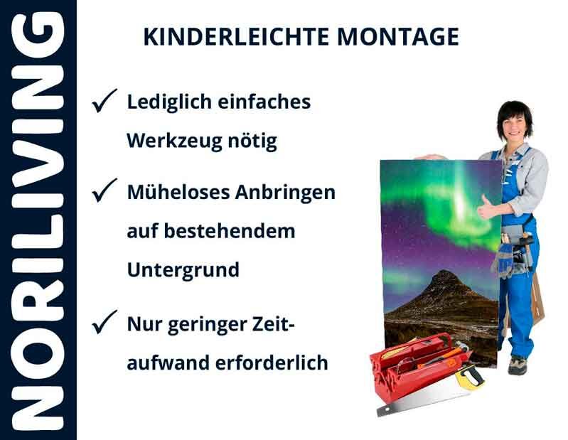 Montageanleitung von NORILIVING: Einfaches Werkzeug, schnelle Anbringung, wenig Zeitaufwand. Frau hält ein Bild vor einem Werkzeugkasten.