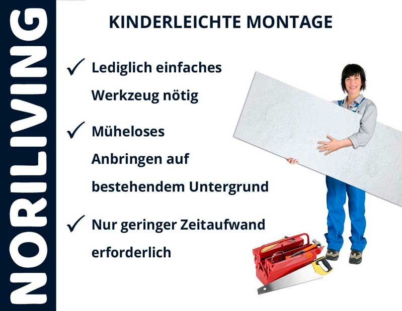Person hält Platte mit Text zur kinderleichten Montage: einfaches Werkzeug, müheloses Anbringen, geringer Zeitaufwand.