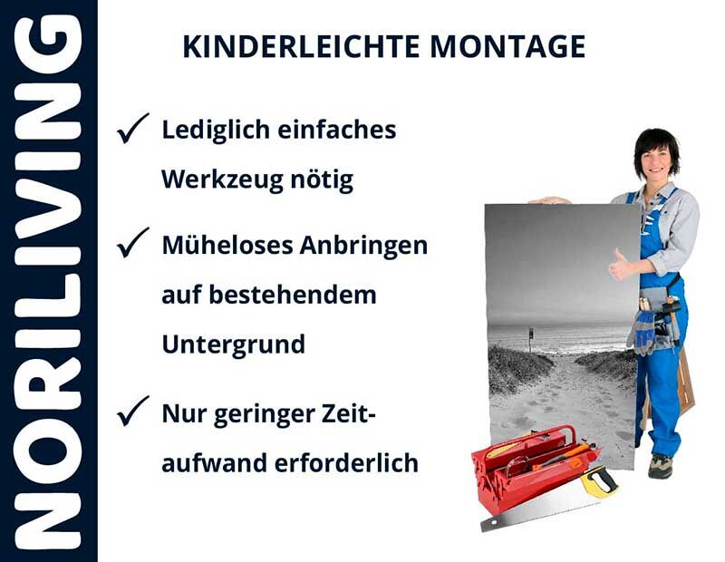 Handwerker mit Bild und Werkzeug zeigt NORILIVING kinderleichte Montage mit geringem Zeitaufwand