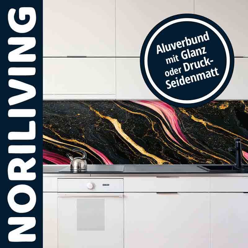 Moderne Küche mit stilvoller Noriliving Aluverbund-Rückwand in schwarzem, pinkem und goldenem Design