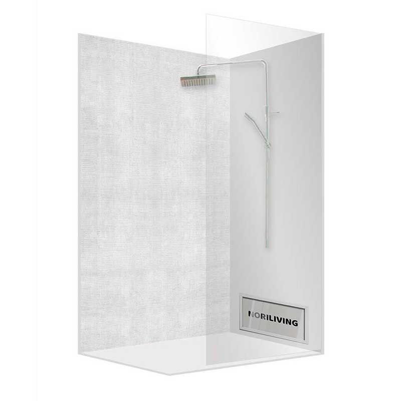 Helle Duschkabine mit Glaswand und integrierter Regendusche