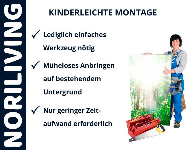 Person in Arbeitskleidung präsentiert einfache Montagelösung mit minimalem Werkzeugaufwand, unterstrichen durch Checklistenpunkte: Lediglich einfaches Werkzeug nötig, müheloses Anbringen auf bestehendem Untergrund, nur geringer Zeitaufwand erforderlich.