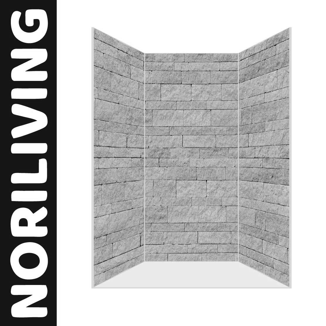 Abbildung einer Nischen-Duschrückwand mit Motiv Steinwand beige - blau 430 schwarz-weiß