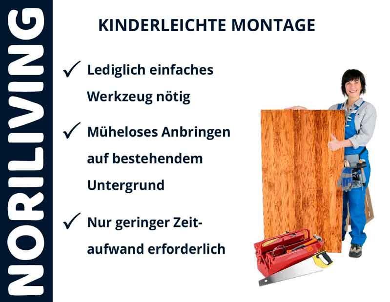 Montageanleitung von Noriliving mit Holzplatte und Werkzeug