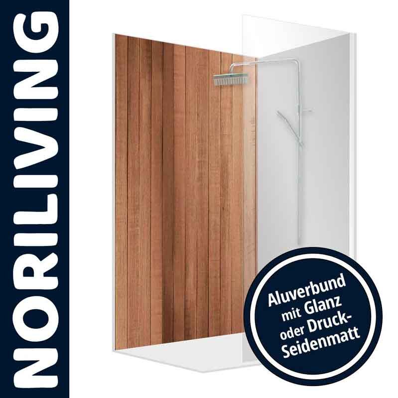 Duschrückwand von Norliving mit Holzoptik und Aluverbund in Glanz oder Druck-Seidenmatt