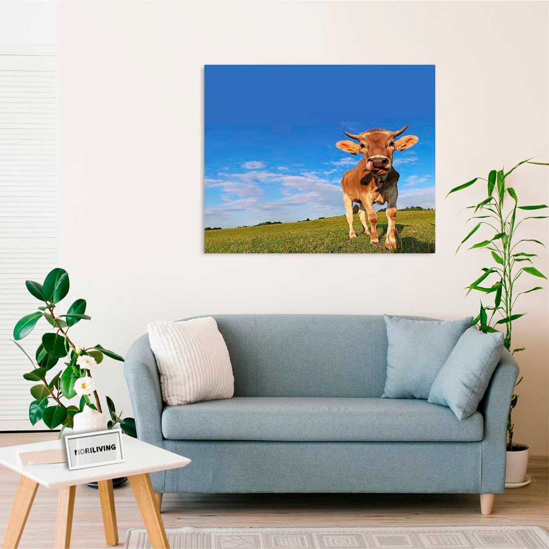 Wandbild über dem Sofa mit Motiv Kuh auf der Weide 603