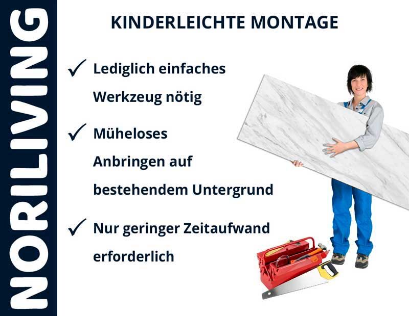 Eine Person hält eine große Platte, daneben Text über einfache Montage mit minimalem Werkzeugaufwand.
