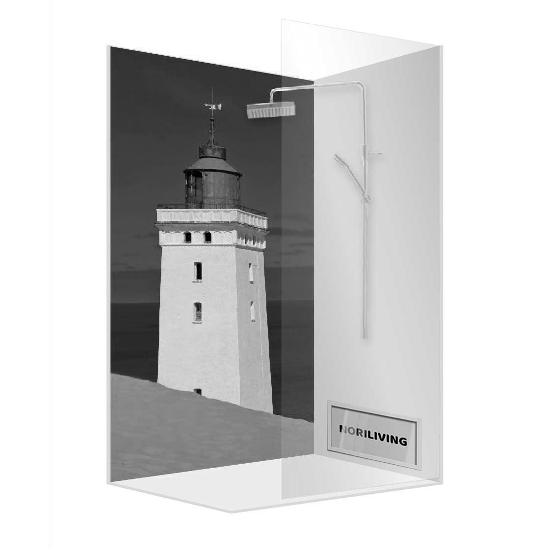 Abbildung einer Einzel-Duschrückwand mit Motiv Leuchtturm auf einer Sanddüne Rubjerg Knude Dänemark 868 schwarz-weiß