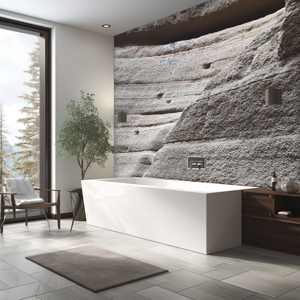Modernes Badezimmer mit freistehender Badewanne und Natursteinwand Elegantes Badezimmer mit einer modernen, freistehenden Badewanne, einer großen Fensterfront mit Blick ins Freie und einer auffälligen Natursteinwandverkleidung.