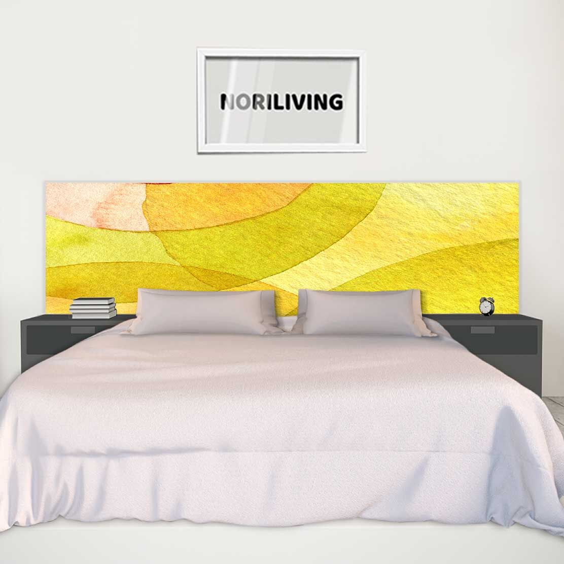 im Schlafzimmer eingebaute Bettrückwand mit Motiv abstrakte Aquarellkreise 407