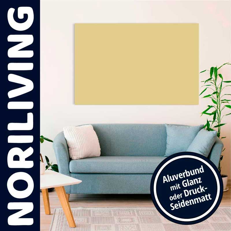 Ein blaues Sofa im Wohnzimmer mit einem Alubild an der Wand, umgeben von Pflanzen.