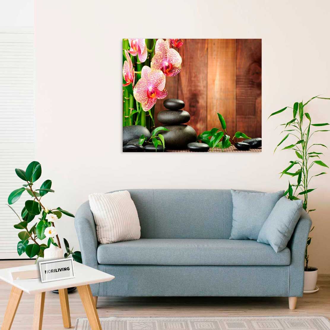 Wandbild über dem Sofa mit Motiv Zen Steine mit Orchidee und Bambus 491