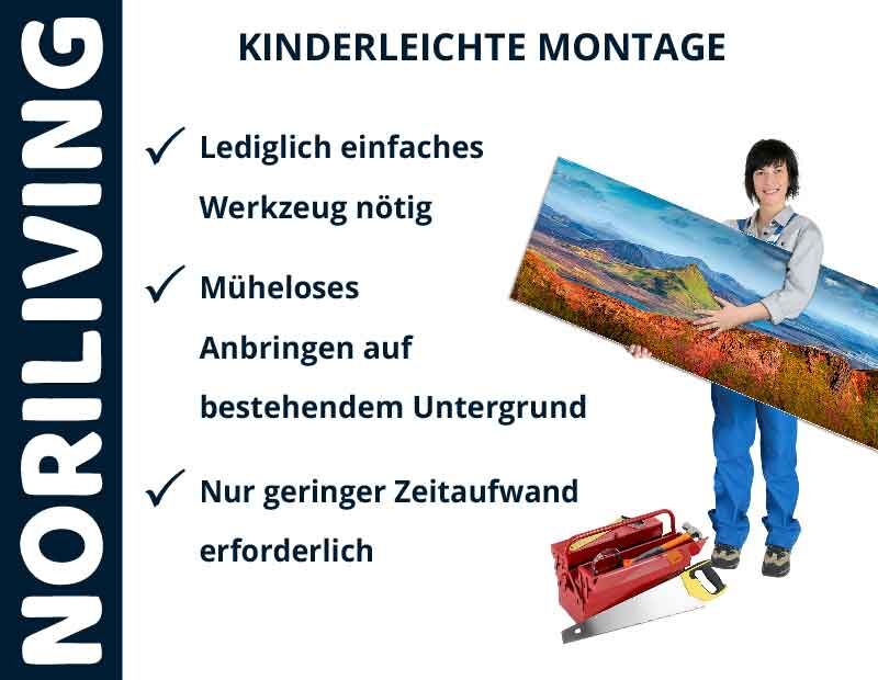 Frau hält ein großes Bild für kinderleichte Montage mit Noriliving Werkzeug, Text beschreibt einfache Installation und geringen Zeitaufwand.