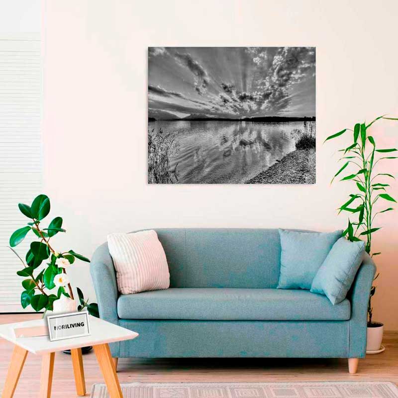 Wohnzimmer mit blauer Couch, Pflanzen und schwarz-weißem Landschaftsbild an der Wand