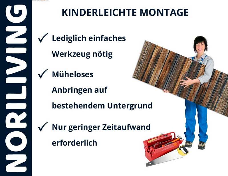 Person mit Bodenplatte, Werkzeuge, NORILIVING kinderleichte Montage beschrieben