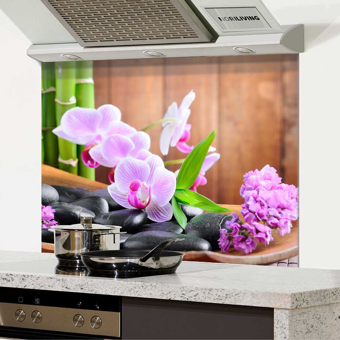 in der Küche eingebauter Spritzschutz Küche - Herd mit Motiv Orchidee Zen Steine Bambus 215