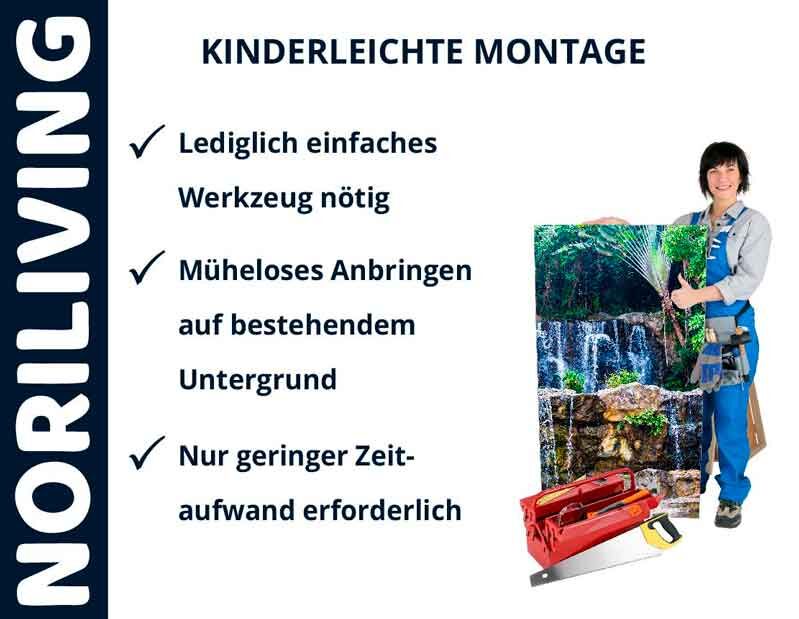 Handwerkerin zeigt einfache Montage der Noriliving Wandverkleidung mit geringem Zeitaufwand und minimalem Werkzeugbedarf