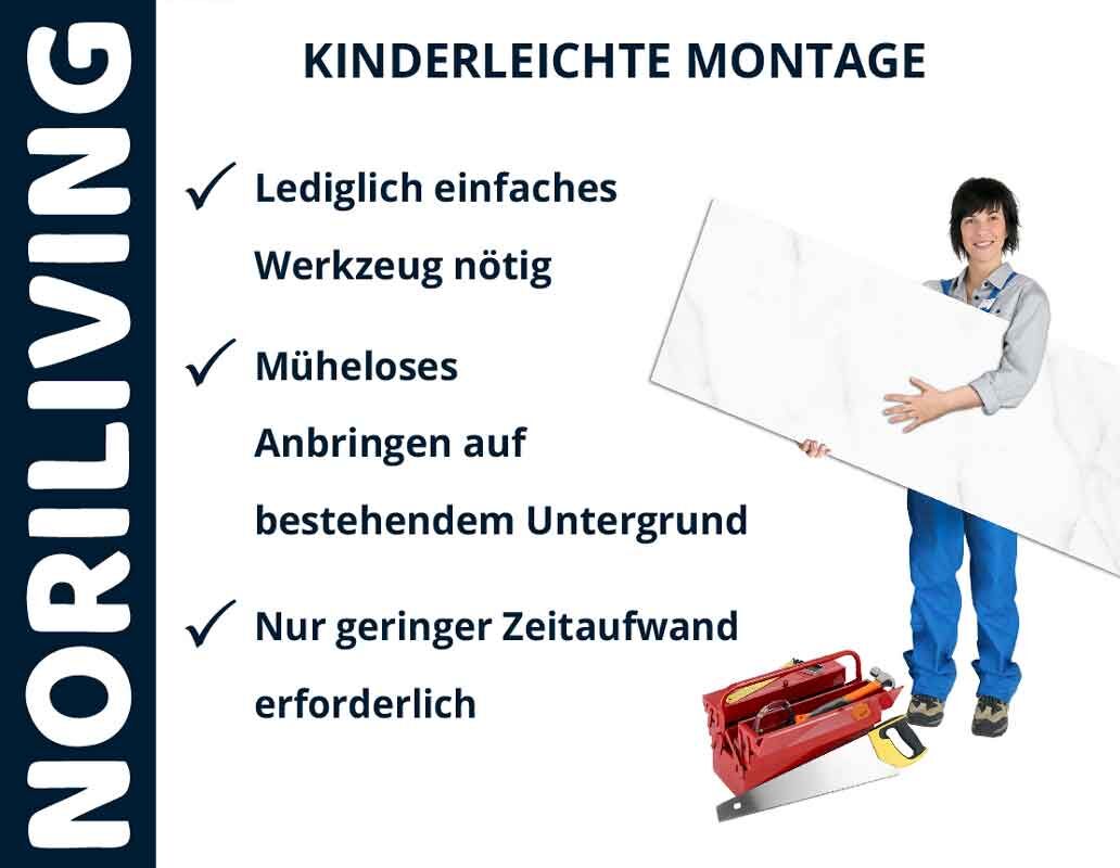 Person hält Noriliving Platten, daneben einfache Werkzeuge für leichte Montage auf bestehendem Untergrund