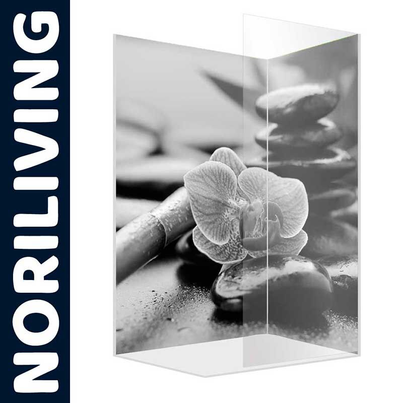 Glas-Raumteiler mit Zen-Motiv: Orchidee und Steine