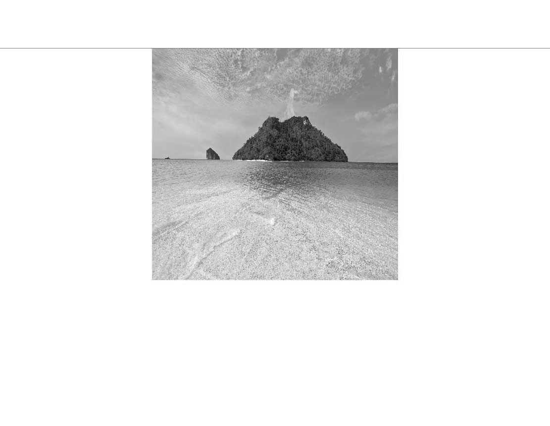Ein sandiger Strand mit einer Insel im Hintergrund, dargestellt in Schwarz-Weiß.