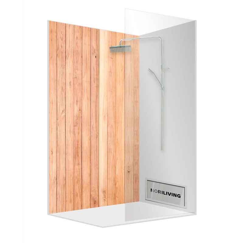 Elegantes Duschdesign mit Holzverkleidung, Glasabtrennung und elegantem Duschkopf