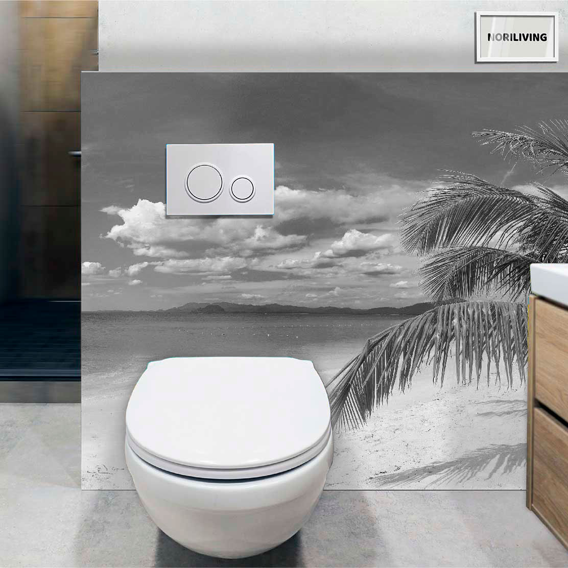 im WC eingebaute Toilettenrückwand mit Motiv Tropischer Strand mit Meerblick 066 schwarz-weiß