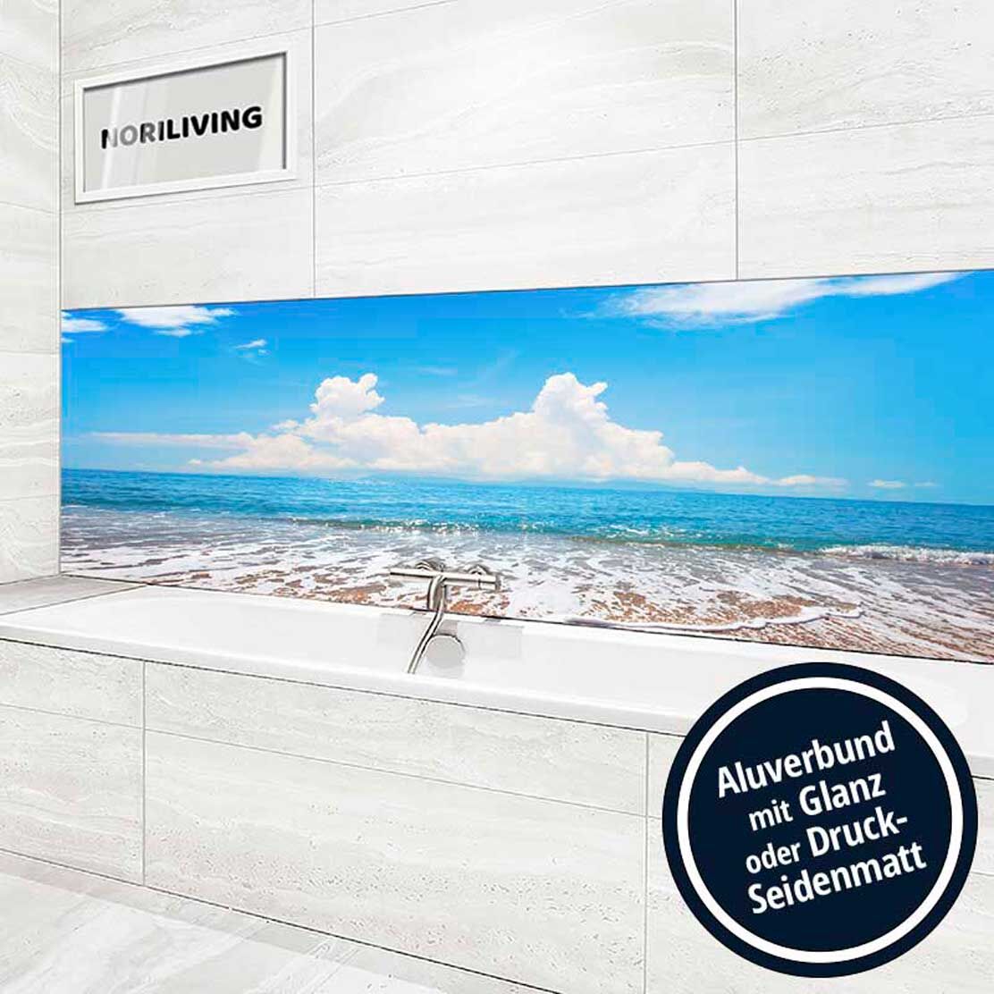 Ansicht des Badrückwand-Motivs schöner Strand und tropisches Meer 181 Höhe zentriert