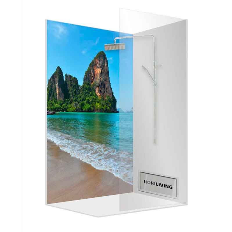 Duschrückwand mit tropischem Strandmotiv und integriertem Duschsystem