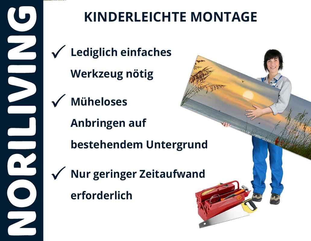 Person hält ein Bild mit Sonnenuntergangsmotiv, daneben Text über einfache Montage mit reduziertem Werkzeugeinsatz von NORILIVING