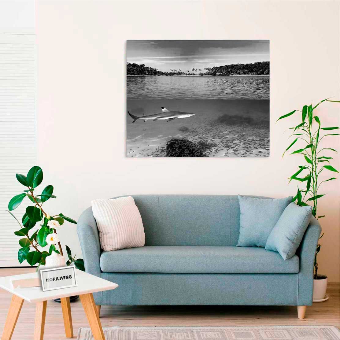 Wandbild über dem Sofa mit Motiv Hai im Wasser 153 schwarz-weiß