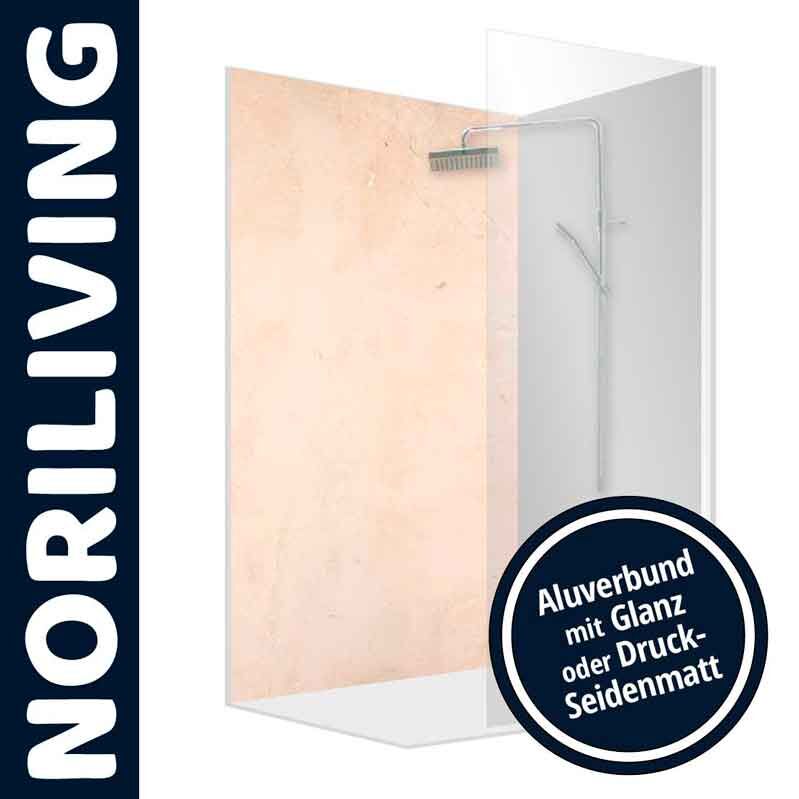 Duschwand von NORILIVING mit wählbarem Finish: Glänzender Aluverbund oder Druck-Seidenmatt.