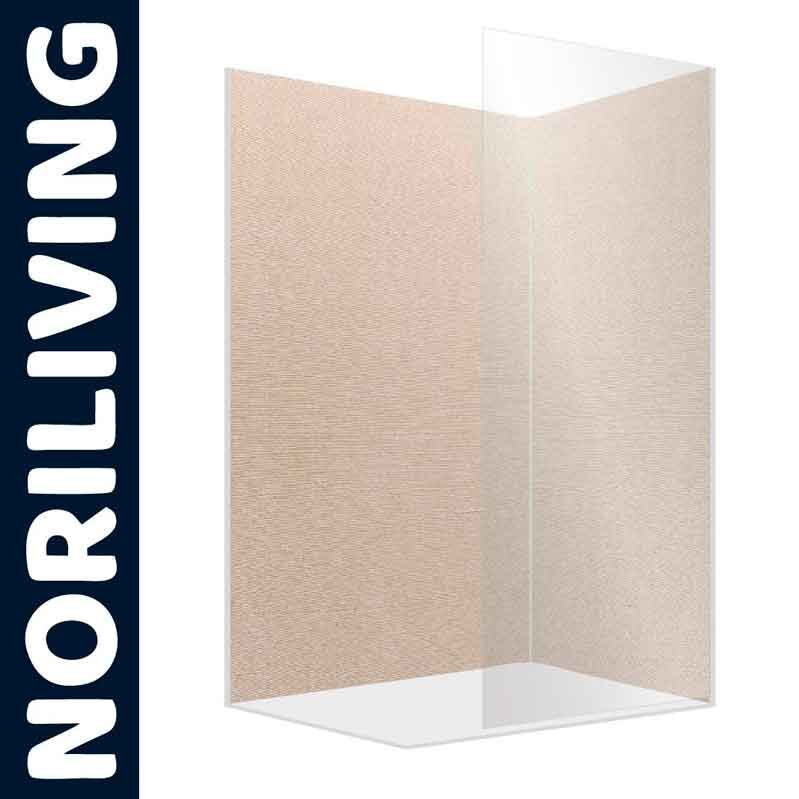 Beige strukturierte Duschwand von NORILIVING aus Klarglas in L-Form