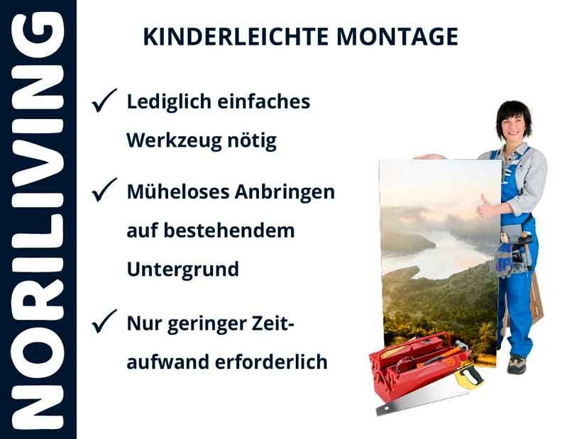 Werbung von Noriliving mit einer Person, die ein Bild hält und Punkte zur einfachen Montage liest: Lediglich einfaches Werkzeug nötig, müheloses Anbringen auf bestehendem Untergrund, nur geringer Zeitaufwand erforderlich.