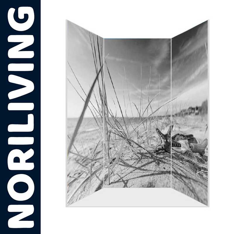 Paravent von Noriliving mit schwarz-weißem Strandmotiv und Seesternen
