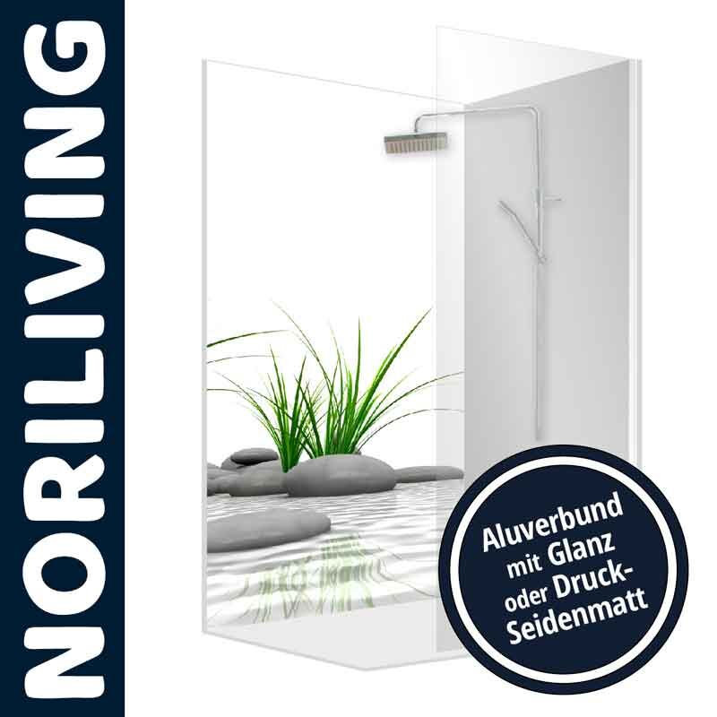 Duschabtrennung mit Naturmotiv, Kieselsteinen und Pflanzen, erhältlich in Aluverbund mit Glanz oder Druck-Seidenmatt, von Noriliving