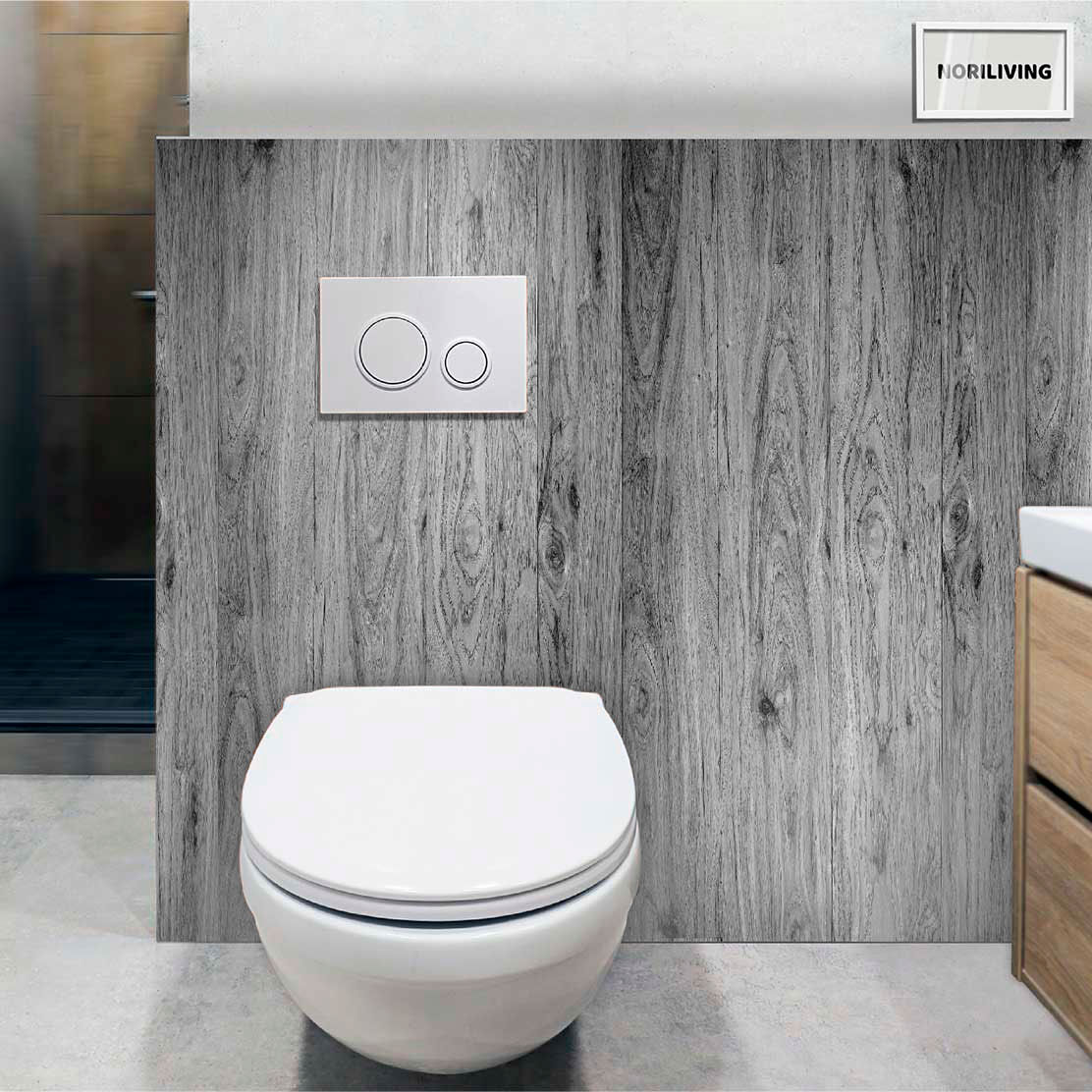 im WC eingebaute Toilettenrückwand mit Motiv Holz Optik 529 schwarz-weiß