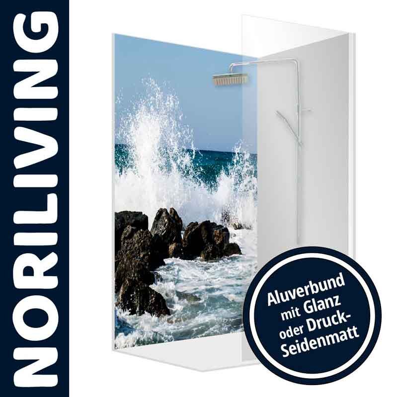 Duschwand von Noriliving mit Motiv von Wellen und Felsen, aus Aluverbund mit Glanz oder Druck-Seidenmatt