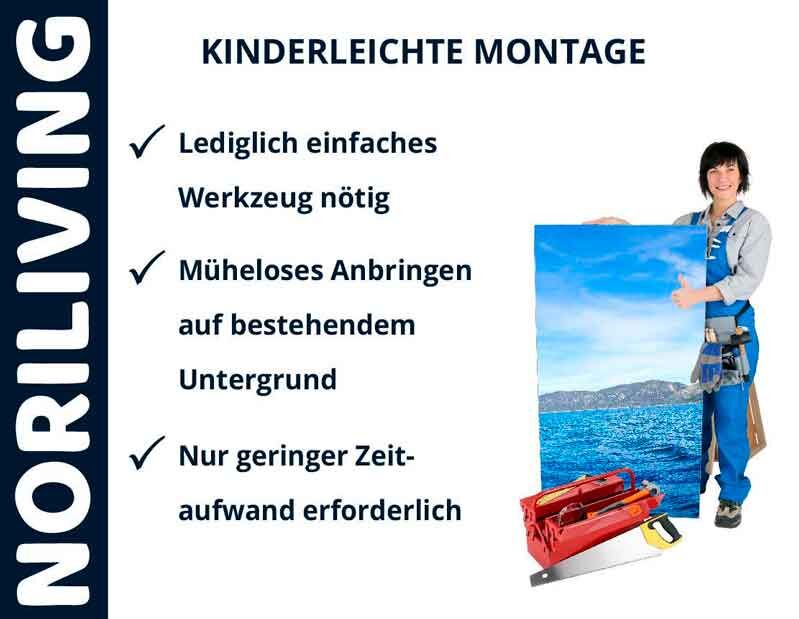 Person mit Werkzeug und Leinwand vor einem Meereshintergrund, Texte über leichte Montage von Noriliving