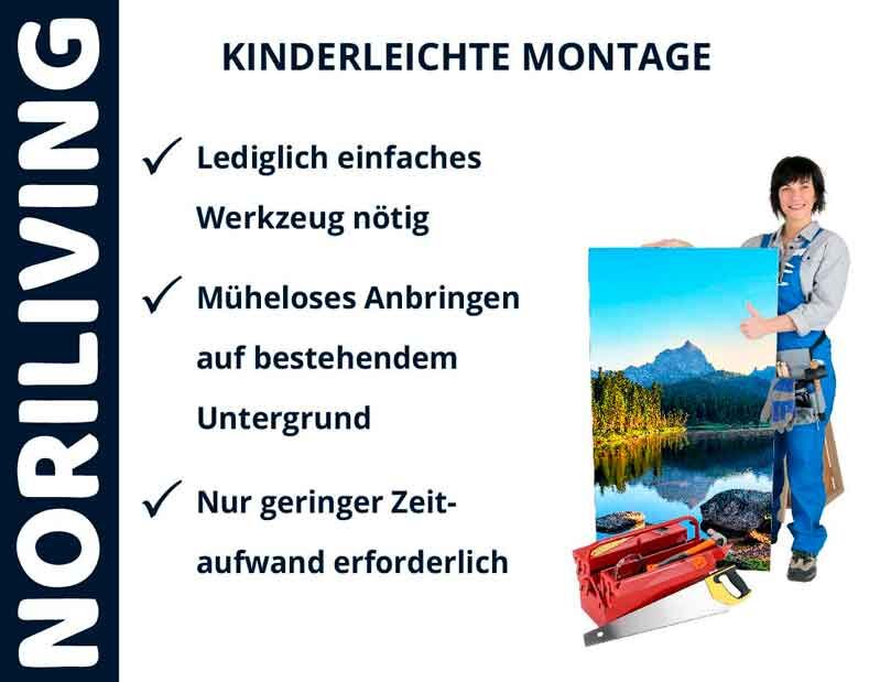 Person hält Bild mit Landschaft, einfacher Montagehinweis für NORILIVING-Produkte