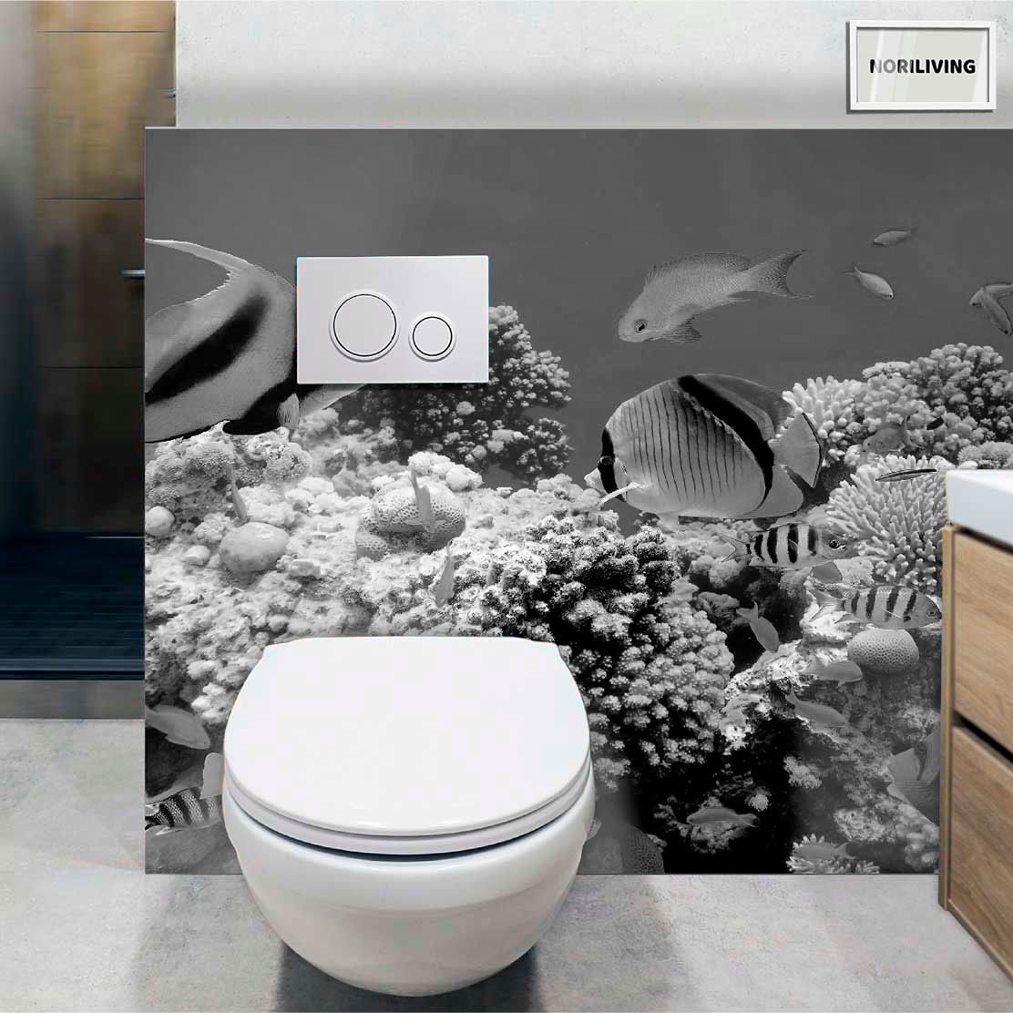 im WC eingebaute Toilettenrückwand mit Motiv Fische im Meer 496 schwarz-weiß