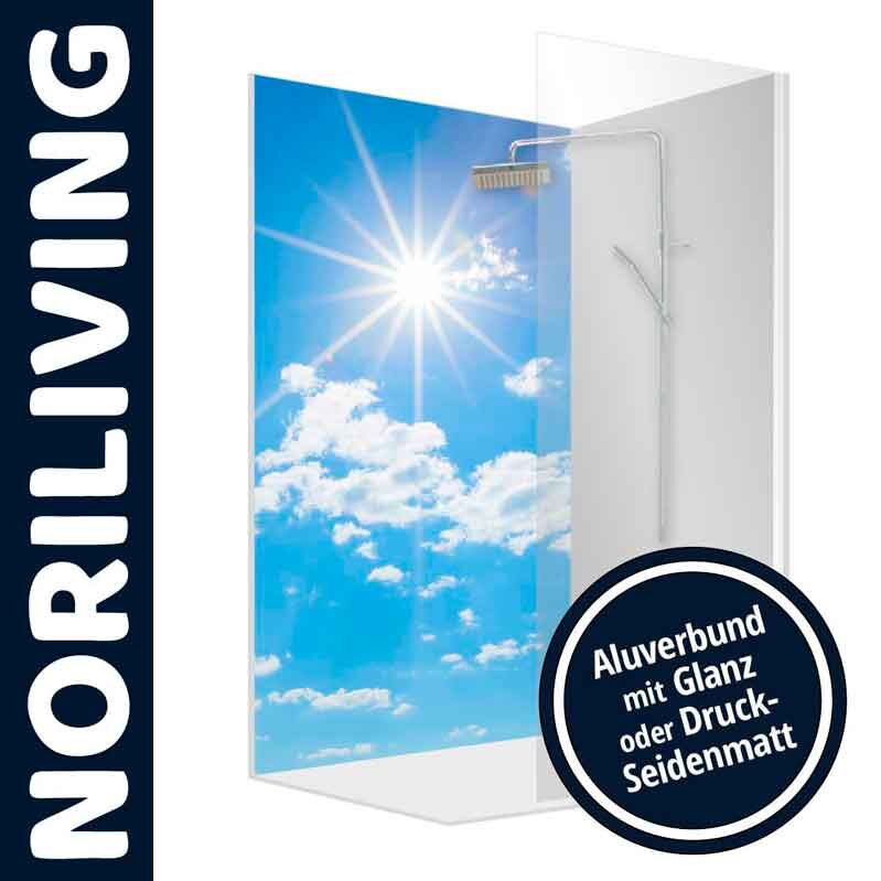 Duschrückwand mit Motiv: blauer Himmel und Sonne, erhältlich in Aluverbund mit Glanz oder Druck-Seidenmatt von Noriliving