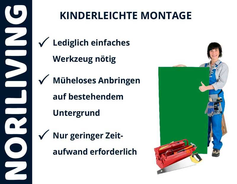 NORILIVING-Werbung mit Handwerker. Vorteile: Einfaches Werkzeug nötig, müheloses Anbringen, geringer Zeitaufwand.