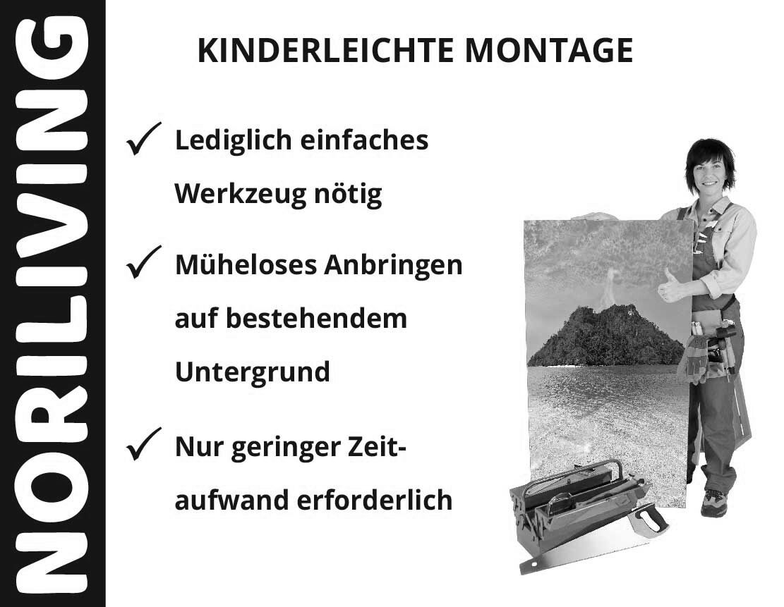 Plakat zeigt einfache Installation mit wenig Werkzeug. Person hält Wandbild, Symbol für kinderleichte Montage.